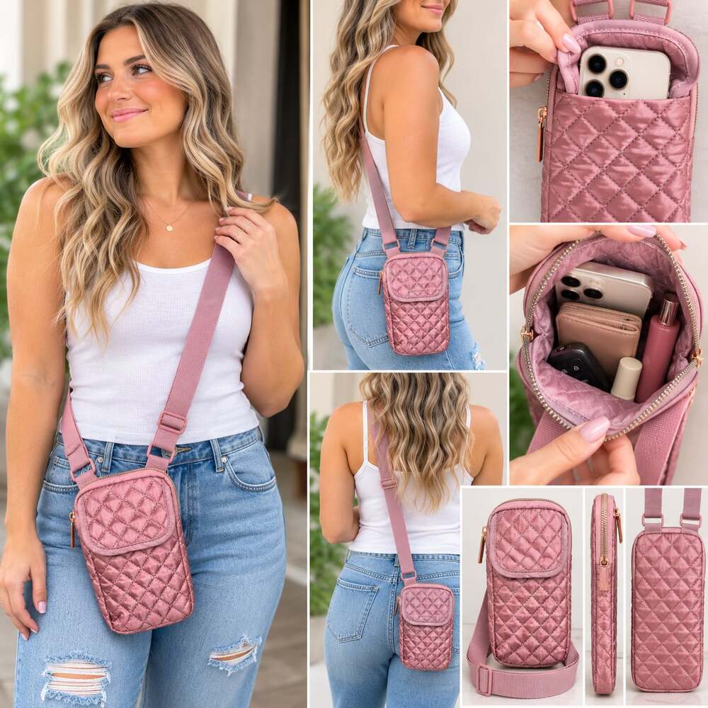 Mytagalongs Quilted Smartphone Crossbody Bag in Rose